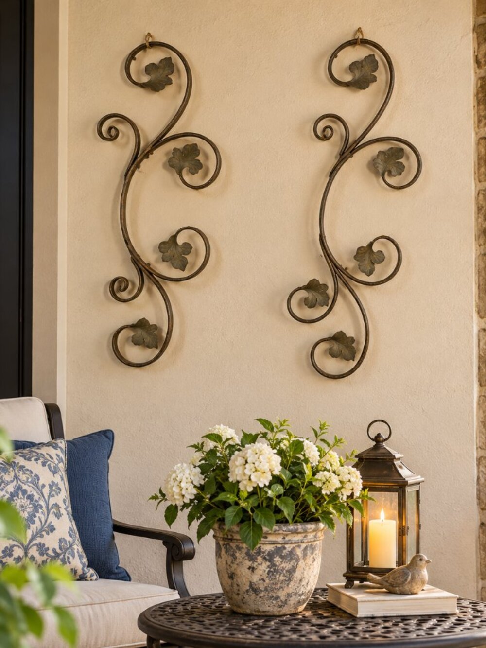 2 Pc Wrought Iron Floral Scroll Metal Wall Decor 27" Vine Leaf Set